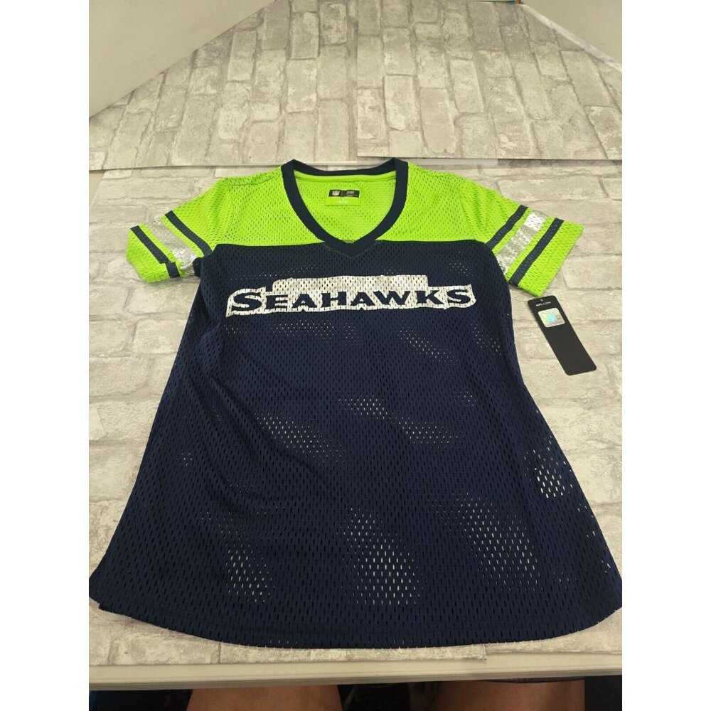 NFL Women Sz Small Seattle Seahawks Short Sleeve Green Slim V-Neck‎ Mesh Jersey